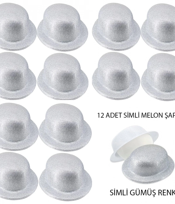 Gümüş Renk Simli Melon Yuvarlak Parti Şapkası 12 Adet