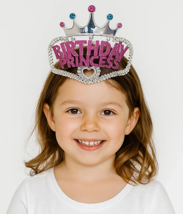 Gümüş Renk Taç Üzeri Pembe Birthday Prenses Yazılı Çocuk Parti Tacı 11x12 Cm