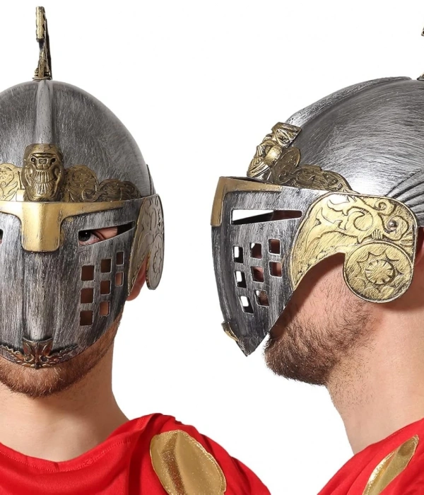 Gümüş Üzeri Altın Renk Oynar Başlıklı Romalı Bizans Kaskı Miğferi 25x20 Cm