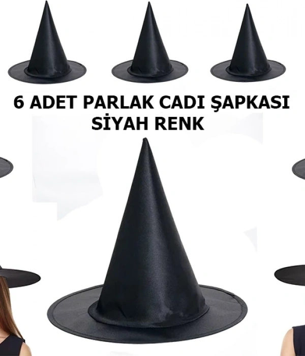 Halloween Siyah Renk Parlak Dralon Cadı Şapkası Yetişkin Ve Çocuk Uyumlu 6 Adet