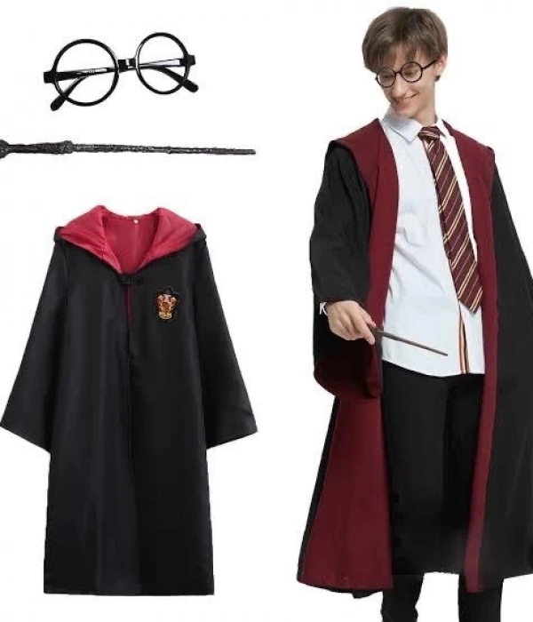 Harry Potter Gryffindor Kapişonlu Çocuk Kostüm + Asa + Gözlük Seti 7-8 Yaş