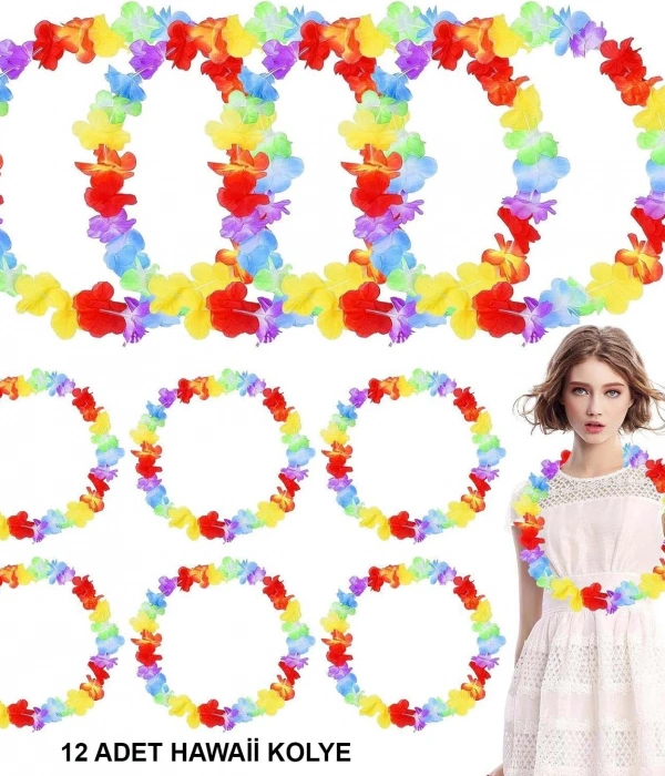 Hawaii Çiçekli Boyun Kolyesi - Renkli Tropikal Parti Leisi 12 Adet