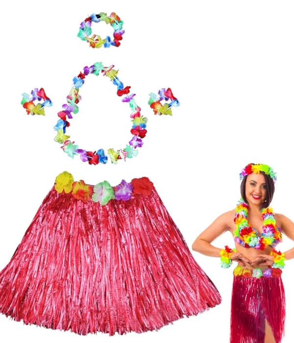 Hawaii Dans Kostümü – Kırmızı Hula Etek  Çiçek Kolye Seti