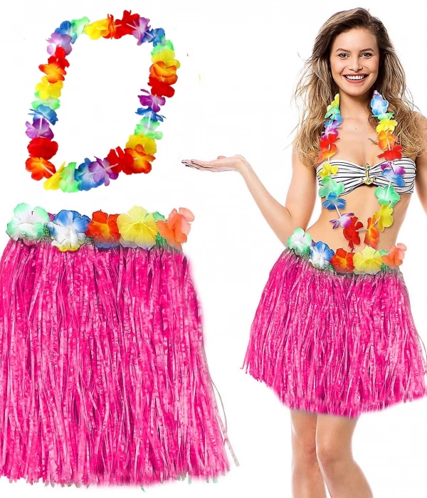 Hawaii Luau Aloha Pembe Püsküllü 40 Cm Etek Ve Hawaii Kolye Seti