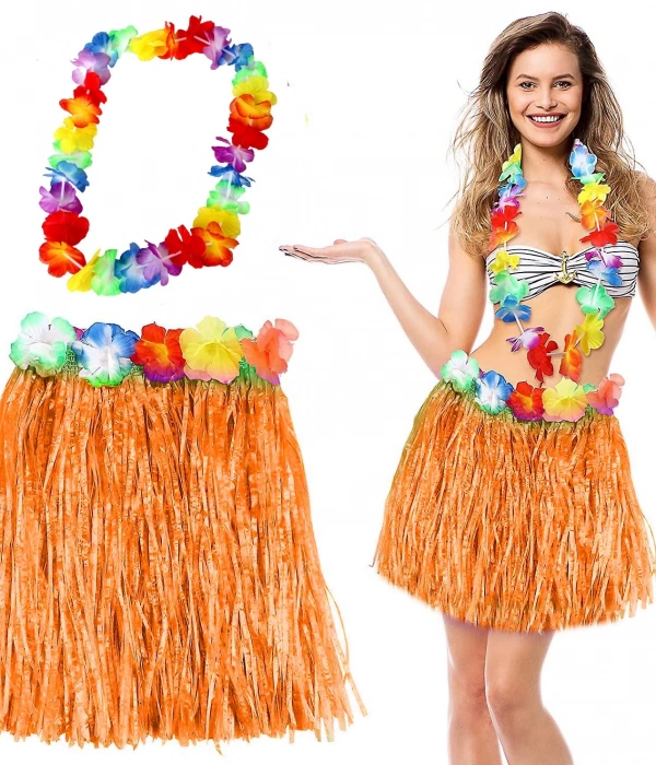 Hawaii Luau Aloha Turuncu Püsküllü 40 Cm Etek Ve Hawaii Kolye Seti