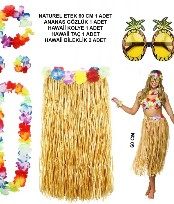 Hawaii Parti Kostüm Seti - 60 Cm Hasır Etek, Çiçekli Aksesuarlar Ve Ananas Gözlük