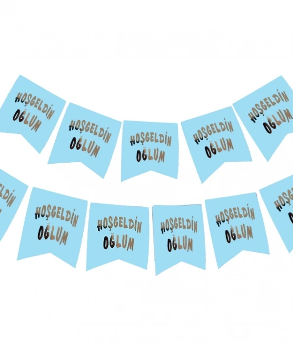 Hoşgeldin Oğlum Yazılı Mavi Üzeri Gümüş Yeni Doğan Bebek Doğum Süsü Afiş Bayrak Flama 2.2 Metre