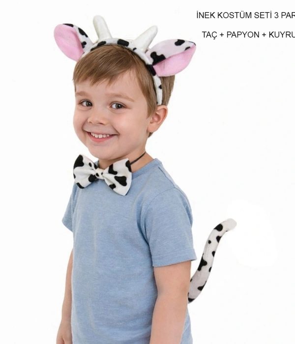 İnek Kostüm Aksesuar Seti 3 Lü - Taç Papyon Kuyruk