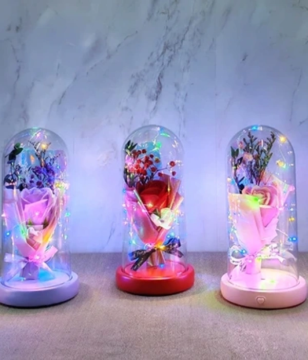 Işıklı Müzikli Cam Fanus İçinde Lavantalı Romantik Gül  Alk5001