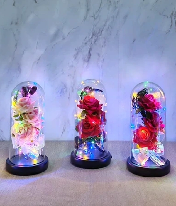 Işıklı Müzikli Cam Fanus İçinde Romantik Gül  Alk5004