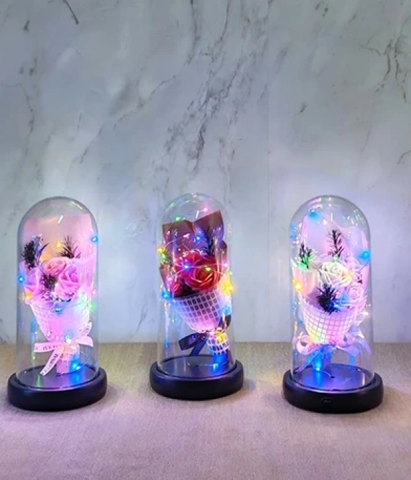 Işıklı Müzikli Fanus İçinde Gül Buketi  Alk5003