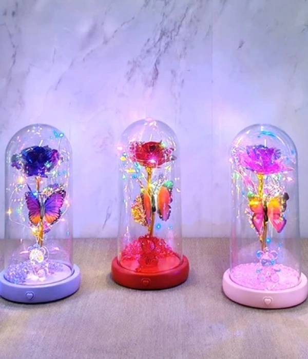 Işıklı Müzikli Romantik Kelebekli Fanus İçinde Gül  Alk5000