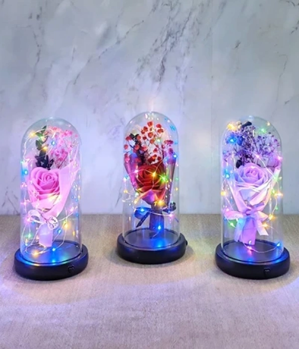 Işıklı  Müzkli Dekoratif Cam Fanus İçinde Gül Alk5005