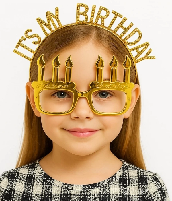 İt39s My Birthday Yazılı Taç Ve Mum Şekilli Gözlük Seti Altın Renk