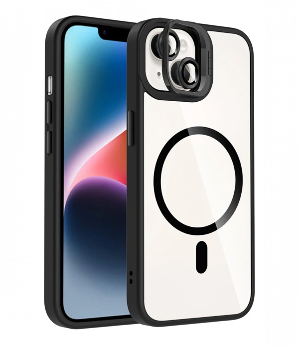 Joy Tekno Apple iPhone 15 Remim Lensli Magsafe Standlı Kapak - Siyah