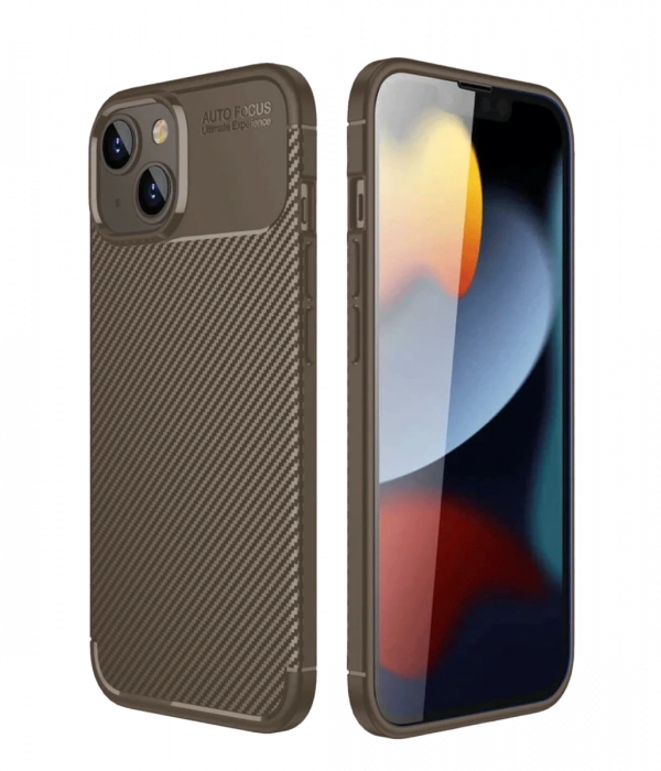 iPhone 14 Kılıf Auto Focus Karbon Kapak - Kahverengi