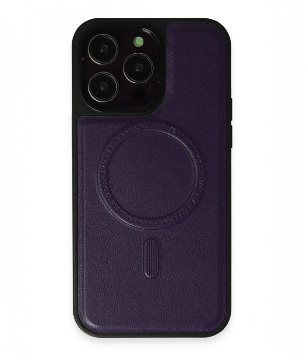 Joy Tekno iPhone 14 Pro Kılıf Ozzi Magsafe Deri Kapak - Derin Mor
