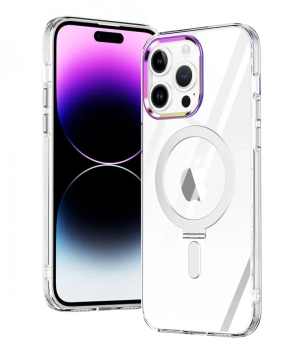 iPhone 15 Pro Kılıf Mudo Magneticsafe Standlı Kapak - Şeffaf