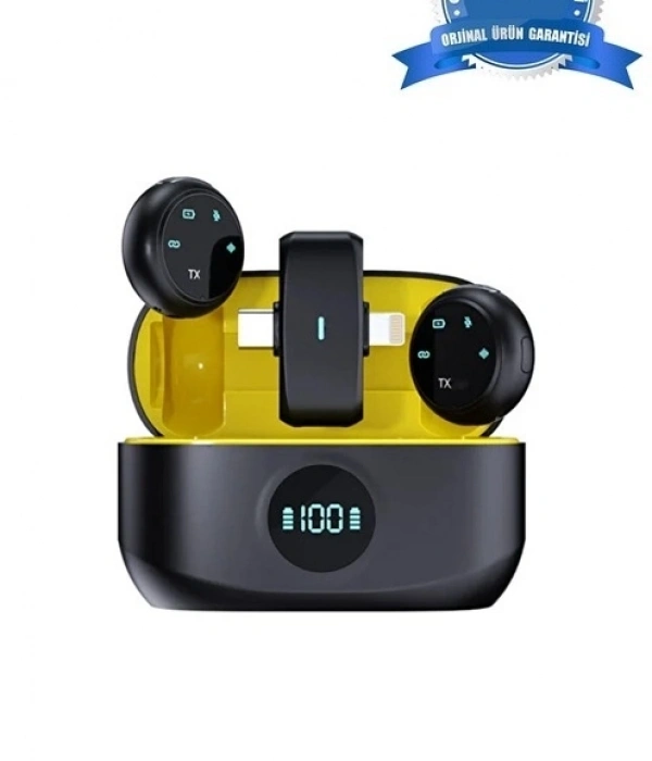 Kablosuz Profesyonel İkili Yayın Yaka Mikrofonu Şarj Kutu Mıknatıslı Typce Lightning Çıkış Mikrofon