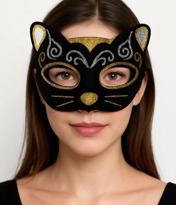 Kadife Dokulu Sim Detaylı Işıltılı Kedi Maskesi Altın Gümüş 20x13 Cm