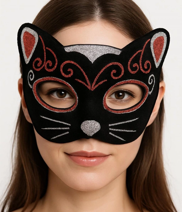 Kadife Dokulu Sim Detaylı Işıltılı Kedi Maskesi Kırmızı Gümüş 20x13 Cm