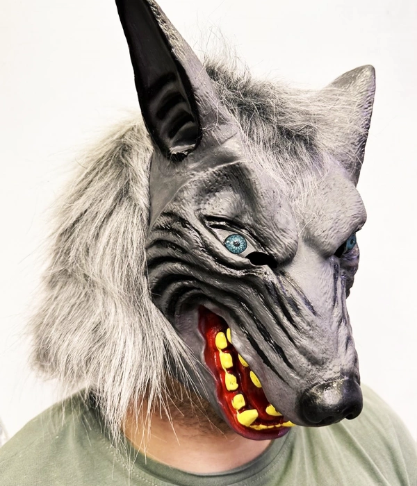 Kafaya Tam Geçmeli Lateks Mavi Gözlü Dişli Ağzı Açık Kurt Maskesi