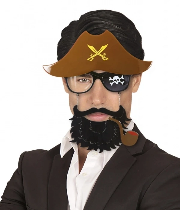 Kahve Renk Şapkalı Siyah Sakallı Lu Jack Sparrow Denizci Korsan Gözlüğü 24x25 Cm