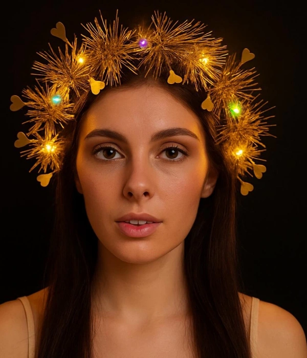 Kalp Püsküllü Gece Parıltısı 3 Modlu Led39li Işıklı Taç Altın Renk