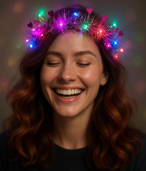 Kalp Püsküllü Gece Parıltısı 3 Modlu Led39li Işıklı Taç Fuşya Renk