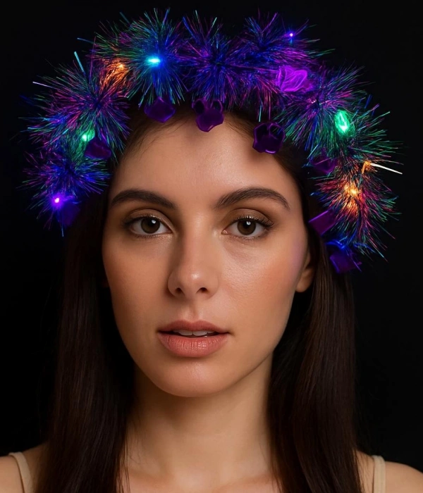 Kalp Püsküllü Gece Parıltısı 3 Modlu Led39li Işıklı Taç Mor Renk