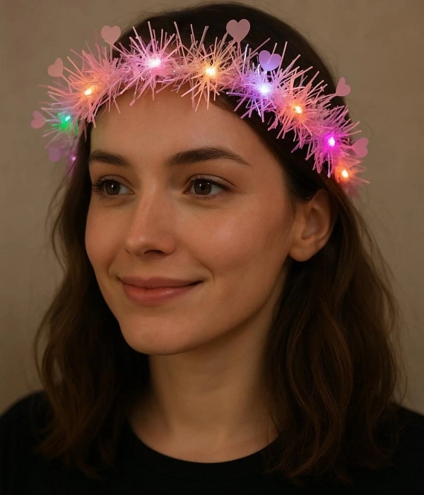 Kalp Püsküllü Gece Parıltısı 3 Modlu Led39li Işıklı Taç Pembe Renk