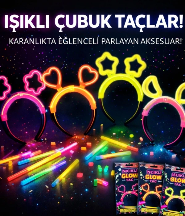 Karanlıkta Parlayan Glow Taç Seti 12 Adet – Yıldız Kalp Ay Çiçek (her Model 3 Adet)