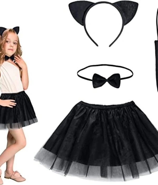 Kedi Eteği Tacı Kuyruğu Ve Papyon Seti Siyah Renk Çocuk Boy
