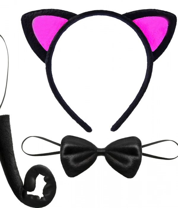 Kedi Kulak Taç Kuyruk Ve Papyon 3 Lü Set Çocuk Boy Fuşya Renk