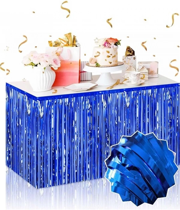 Kendinden Yapışkanlı Mavi Metalize Püsküllü Masa Eteği – 75 X 275 Cm Parti Süslemesi