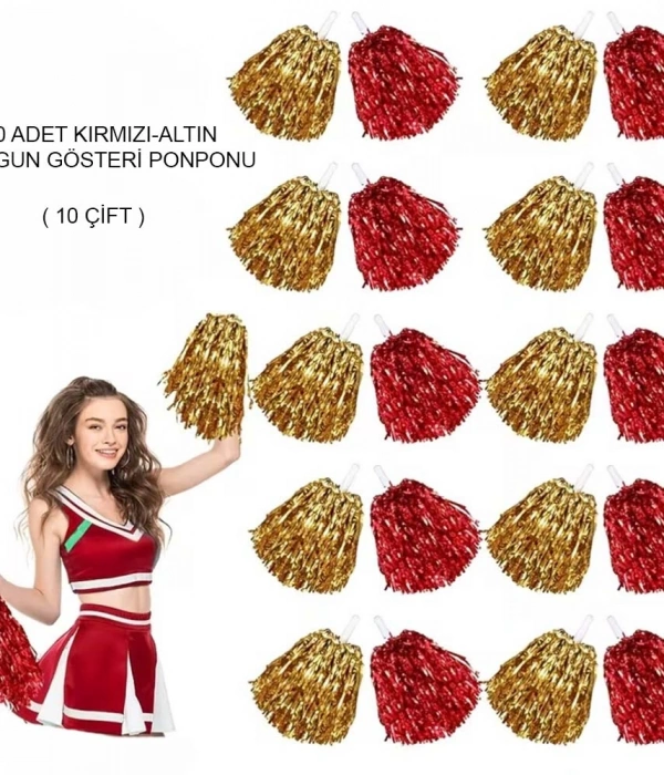 Kırmızı Altın Metalik Dolgun Gösteri Ponponu 20 Adet (10 Çift)