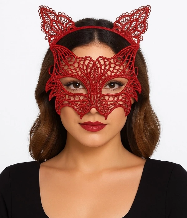 Kırmızı Dantel Kedi Maskesi Ve Dantel Taç Seti 8 No – Kadın Kostüm Aksesuarı