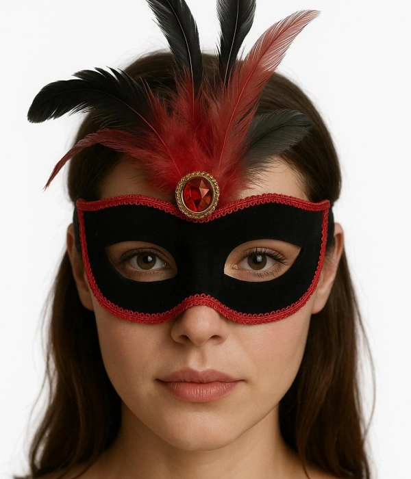 Kırmızı Dantelli Siyah Kırmızı Tüylü Siyah Süet Kaplama Parti Maskesi 17x25 Cm