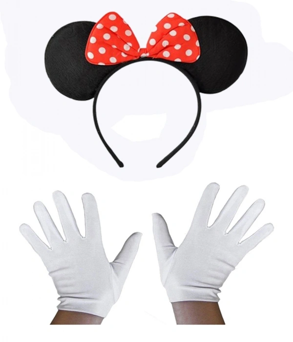 Kırmızı Fiyonklu Minnie Mouse Tacı Ve Beyaz Eldiven Seti