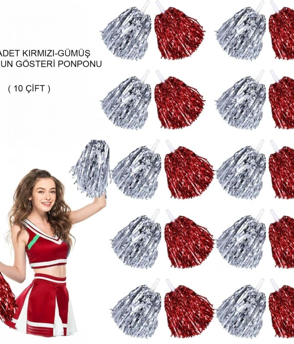 Kırmızı Gümüş Metalik Dolgun Gösteri Ponponu 20 Adet (10 Çift)
