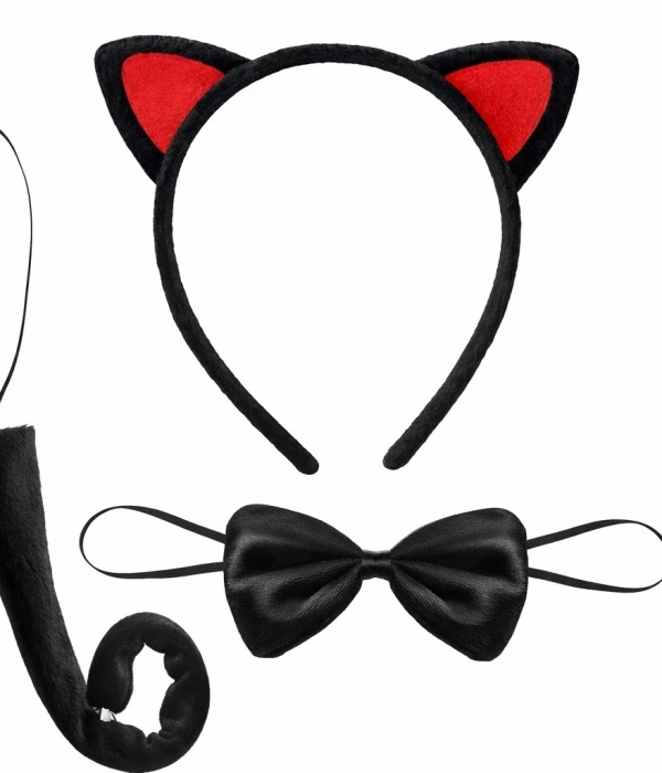 Kırmızı Kulaklı Kedi Kostüm Seti – Taç Papyon Kuyruk 3 Parça