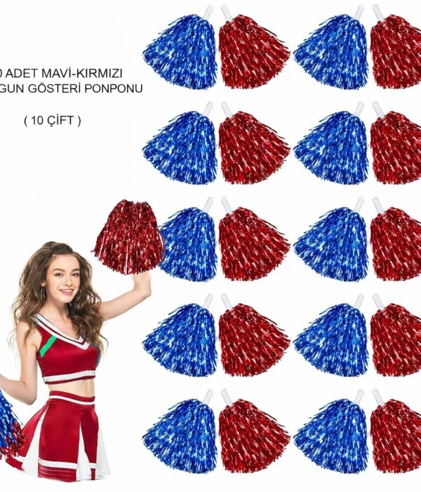 Kırmızı Mavi Metalik Dolgun Gösteri Ponponu 20 Adet (10 Çift)