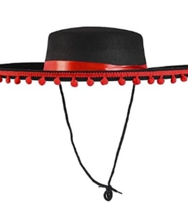 Kırmızı Ponponlu Siyah Renk Çocuk İspanyol Şapkası