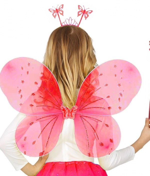 Kırmızı Renk Çocuk Kelebek Kanadı Tacı Ve Asa Seti 50 Cm