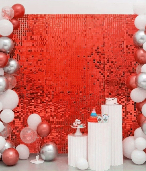 Kırmızı Renk Dikdörtgen Kesim Parlak Sim Görünümlü Fon Perde Dekor 1x2 Metre