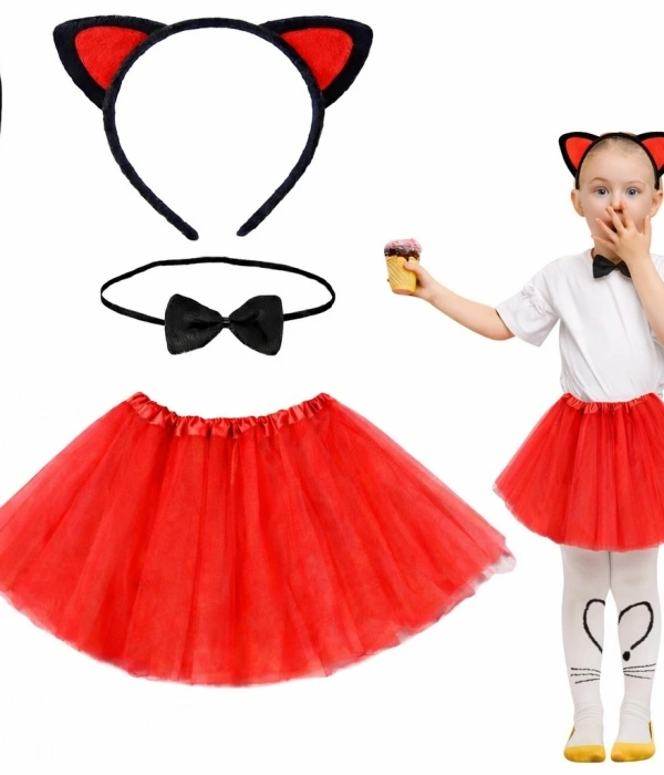 Kırmızı Renk Etekli Kedi Kostüm Seti (tütü, Taç, Papyon, Kuyruk)