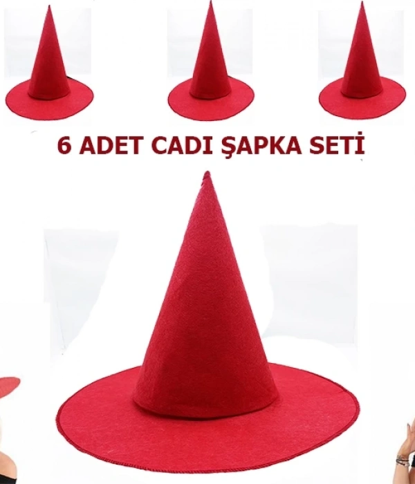 Kırmızı Renk Keçe Cadı Şapkası Yetişkin Çocuk Uyumlu 6 Adet