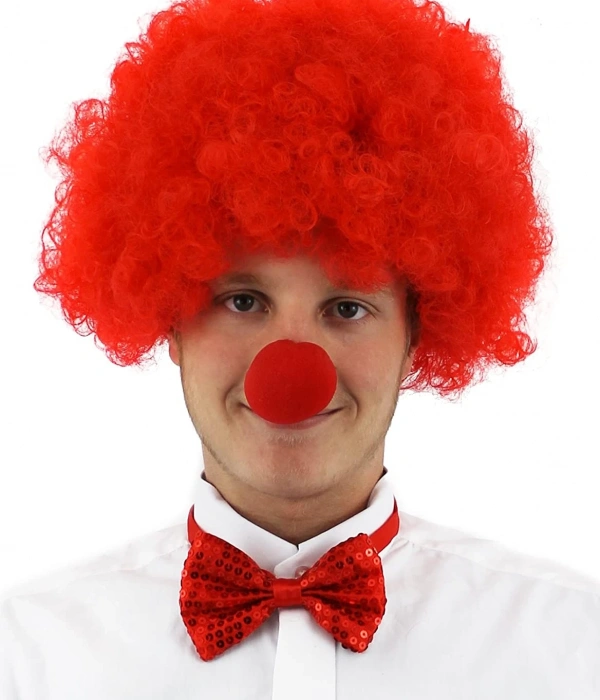 Kırmızı Renk Kıvırcık Afro Bonus Peruk Takma Saç Ve Kırmızı Burun Seti