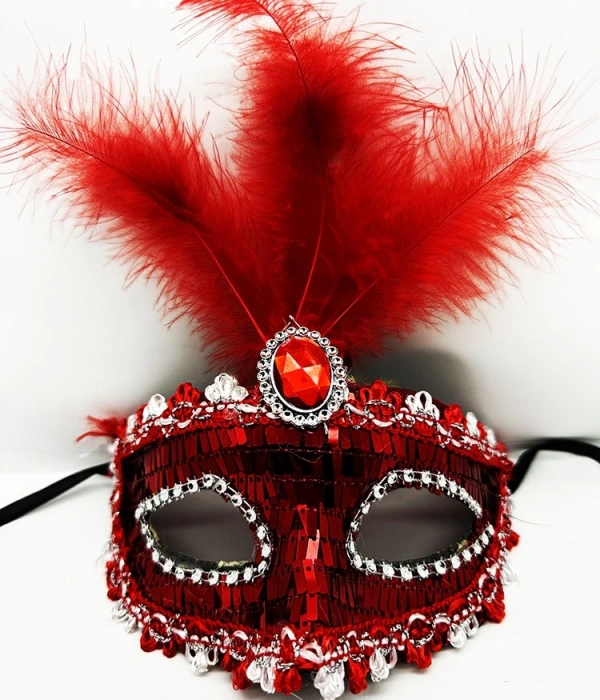 Kırmızı Renk Payetli Pullu Tüylü Parti Maskesi 17x20 Cm