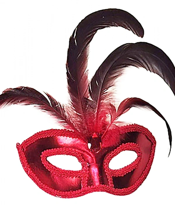 Kırmızı Renk Rugan Kaplama Kırmızı Tüylü Parti Maskesi 18x20 Cm